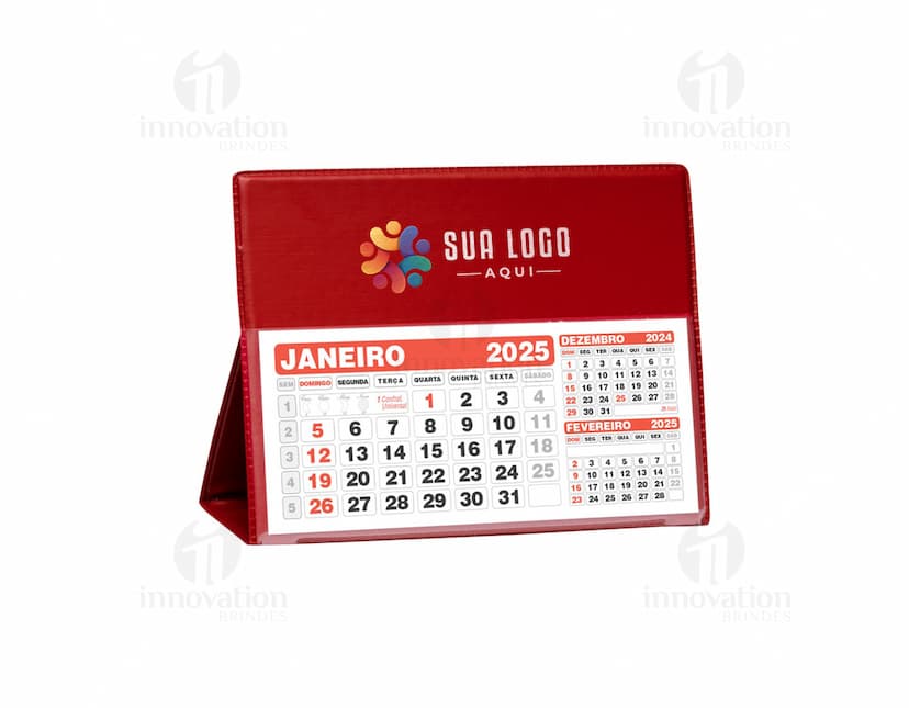 Calendário de mesa pequeno contendo informações corporativas, datas e planos para o ano. Design moderno e criativo com elementos de business e finance. Estilo clean e organizado, ideal para uso em escritórios e ambientes de trabalho.