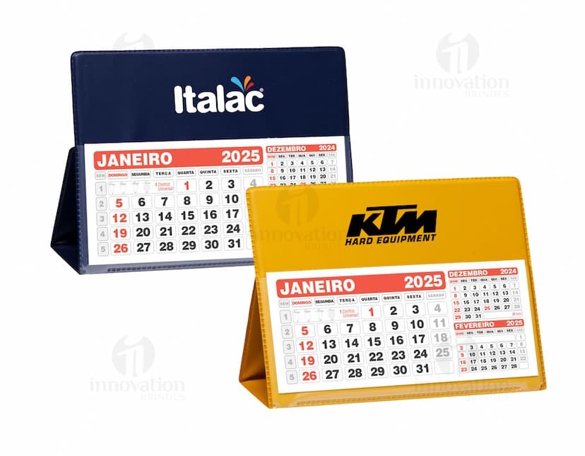 Calendário de mesa pequeno contendo informações corporativas, datas e planos para o ano. Design moderno e criativo com elementos de business e finance. Estilo clean e organizado, ideal para uso em escritórios e ambientes de trabalho.