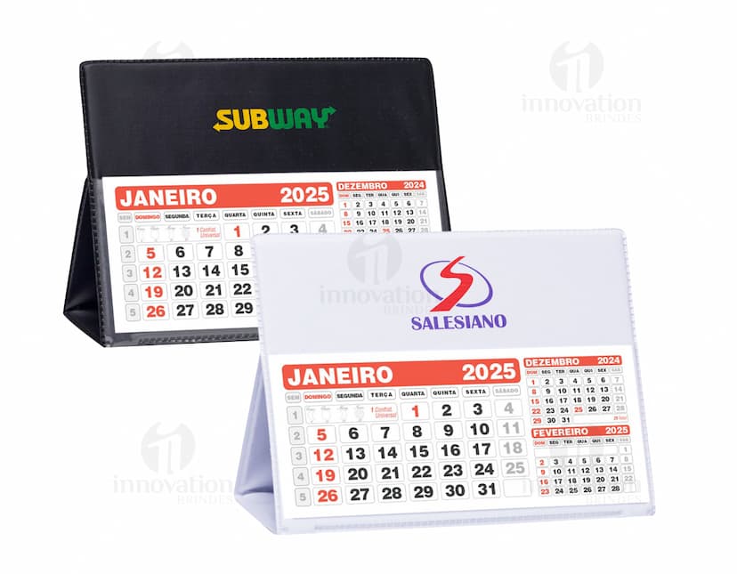 Calendário de mesa pequeno contendo informações corporativas, datas e planos para o ano. Design moderno e criativo com elementos de business e finance. Estilo clean e organizado, ideal para uso em escritórios e ambientes de trabalho.