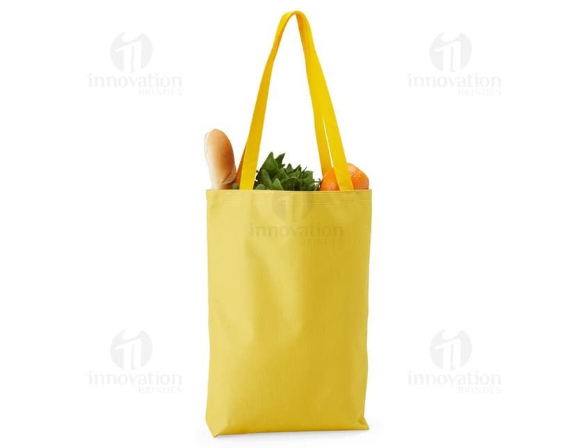 Sacola de nylon amarela vazia com alça de metal e zíper. Design moderno e elegante, ideal para compras ou presentes.