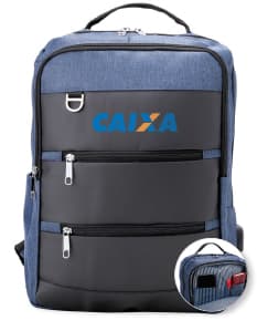 Mochila de nylon preta com alças de couro, com capacidade de 26 litros e porta USB integrado. Ideal para viagens de negócios e equipada com compartimentos de armazenamento tecnológicos. Design moderno e retro, com fechos de metal e alça de transporte.