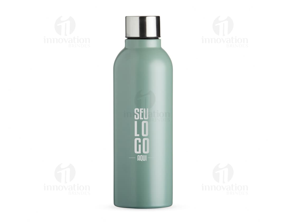Garrafa inox de 800ml com tampa fosca, contendo líquido transparente. A embalagem é clean e possui um design elegante.