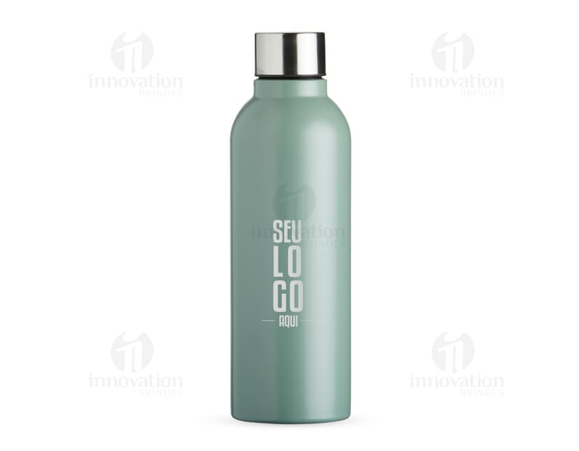 Garrafa inox de 800ml com tampa fosca, contendo líquido transparente. A embalagem é clean e possui um design elegante.
