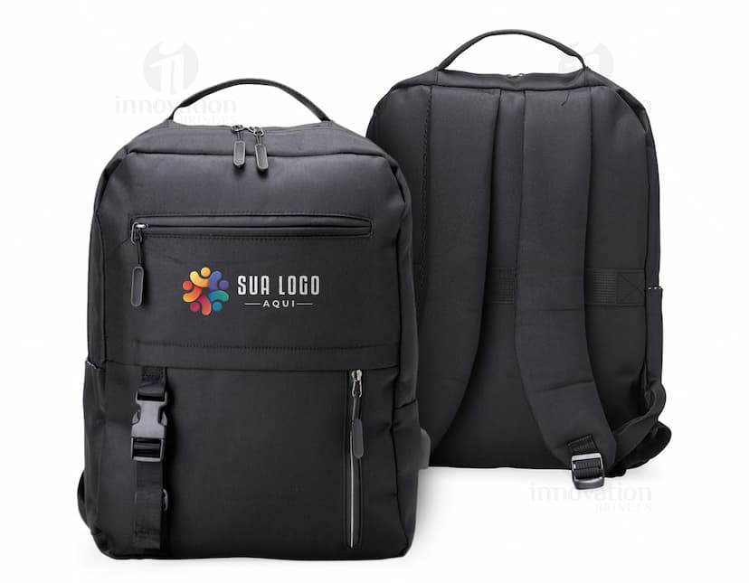 Mochila de Nylon 23 Litros preta em estilo moderno, com design 3D e textura de tecido. Possui espaço para transporte de equipamentos e objetos, ideal para negócios e viagens.