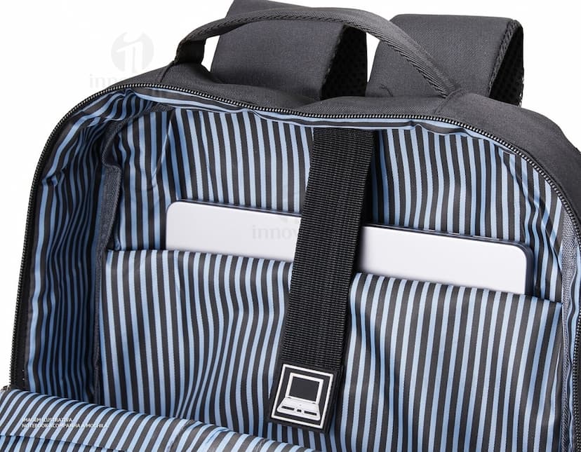 Mochila de Nylon 23 Litros preta em estilo moderno, com design 3D e textura de tecido. Possui espaço para transporte de equipamentos e objetos, ideal para negócios e viagens.