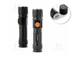 lanterna led recarregável com entrada USB, possui dispositivo eletrônico, aparelho de fotografia, conexão digital, cabo de