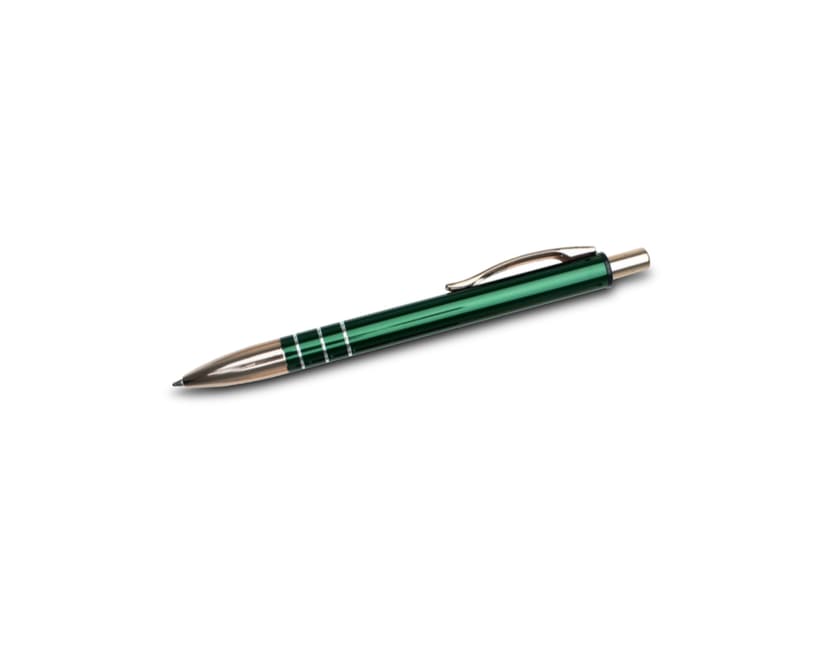 Caneta metálica azul com clique, objeto de escrita, equipamento de escritório, metal prateado, instrumento de escrita, caneta esferográfica, utensílio de metal, dispositivo mecânico, design elegante e moderno.
