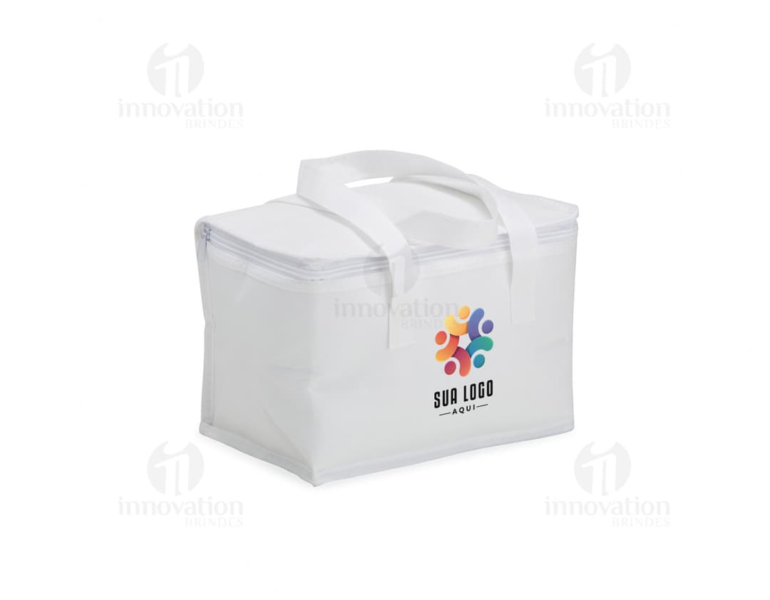 Imagem de uma bolsa térmica de 6 litros em TNT, um produto eletrônico, equipamento de escritório e de transportar, com design