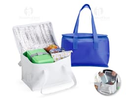 Imagem de uma bolsa térmica de 6 litros em TNT, um produto eletrônico, equipamento de escritório e de transportar, com design
