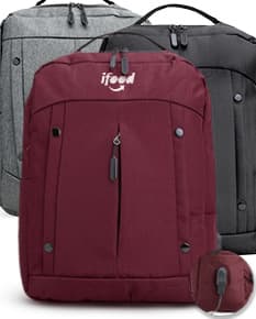 Mochila de nylon de 21 litros em marrom e preto, com alça de couro, zíperes, bolsos e tecido resistente. Ideal para viagens, uso casual e estilo moderno.