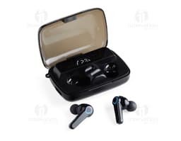 Fone Bluetooth Touch com Case Power Bank preto, moderno e tecnológico, contendo botões touch, display, conexão wireless