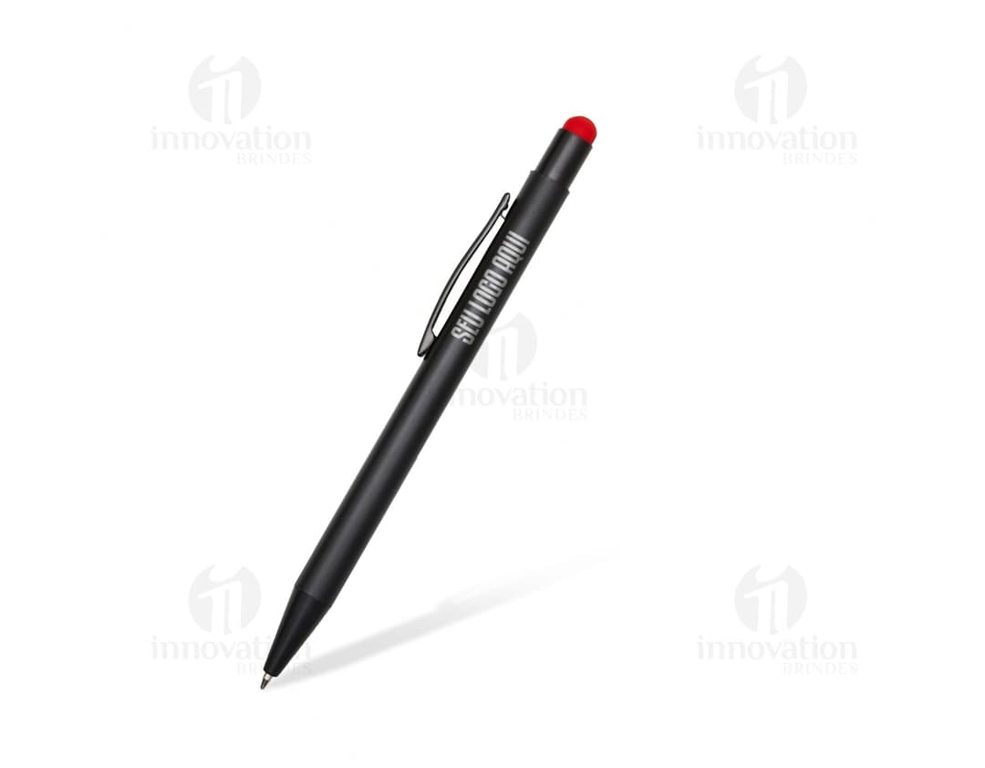 Bolígrafo Metal Touch em tom prateado, com ponta sensível ao toque.