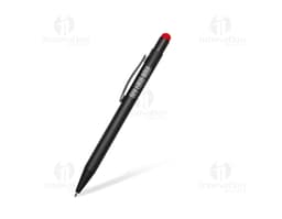 Bolígrafo Metal Touch em tom prateado, com ponta sensível ao toque.