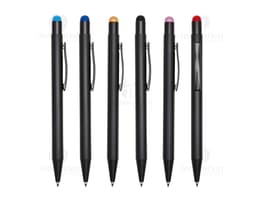 Bolígrafo Metal Touch em tom prateado, com ponta sensível ao toque.
