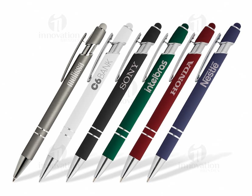 Caneta Metal Touch na cor prateada com ponta touch screen.