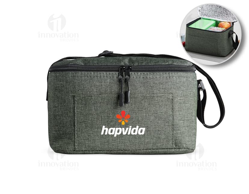 Bolsa térmica de 6 litros em couro marrom, com zíper e vários bolsos para guardar objetos pessoais. Ideal para viagens de negócios ou viagens de lazer, proporcionando praticidade e estilo.