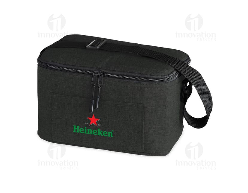 Bolsa térmica de 6 litros em couro marrom, com zíper e vários bolsos para guardar objetos pessoais. Ideal para viagens de negócios ou viagens de lazer, proporcionando praticidade e estilo.