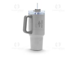 Caneca térmica inox 1,2L c/ tampa em metal prateado, vazia e limpa. A imagem mostra um objeto redondo e brilhante, com tampa