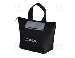 Bolsa térmica preta 7L com zíper, alças em couro e design moderno. Ideal para transporte de alimentos e bebidas mantendo a