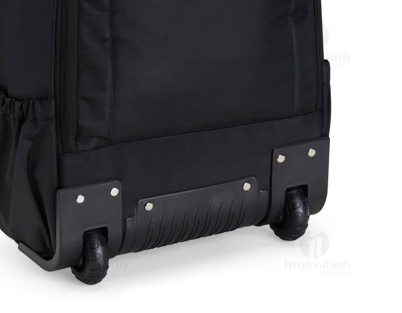 Mochila 27 Litros com Rodinhas preta de couro, equipamento moderno e elegante, com alças, zíper, fivela e rodinhas para fácil transporte. Ideal para viagens, negócios e uso pessoal.