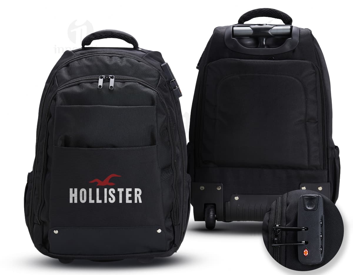 Mochila 27 Litros com Rodinhas preta de couro, equipamento moderno e elegante, com alças, zíper, fivela e rodinhas para fácil transporte. Ideal para viagens, negócios e uso pessoal.