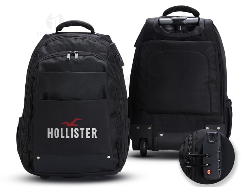 Mochila 27 Litros com Rodinhas preta de couro, equipamento moderno e elegante, com alças, zíper, fivela e rodinhas para fácil transporte. Ideal para viagens, negócios e uso pessoal.