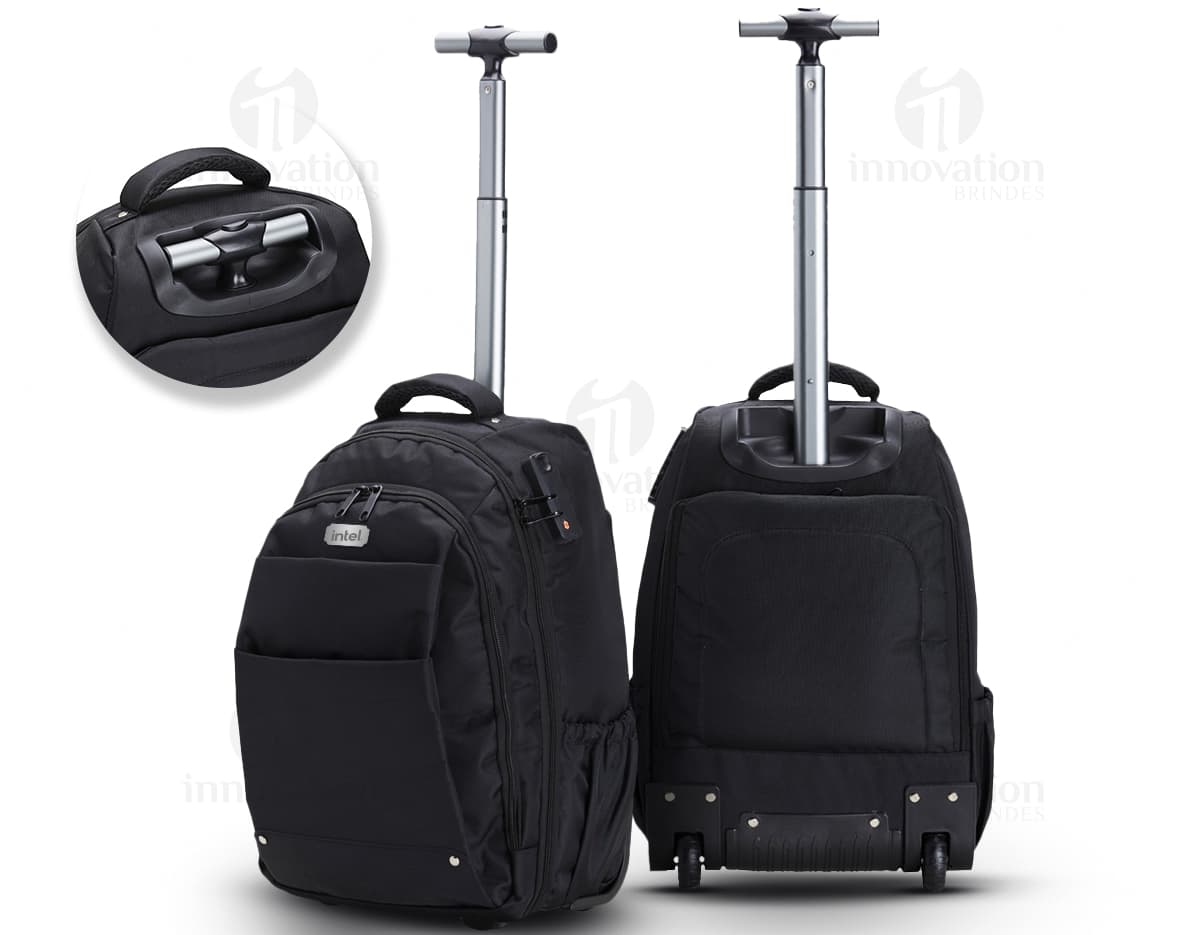 Mochila 27 Litros com Rodinhas preta de couro, equipamento moderno e elegante, com alças, zíper, fivela e rodinhas para fácil transporte. Ideal para viagens, negócios e uso pessoal.