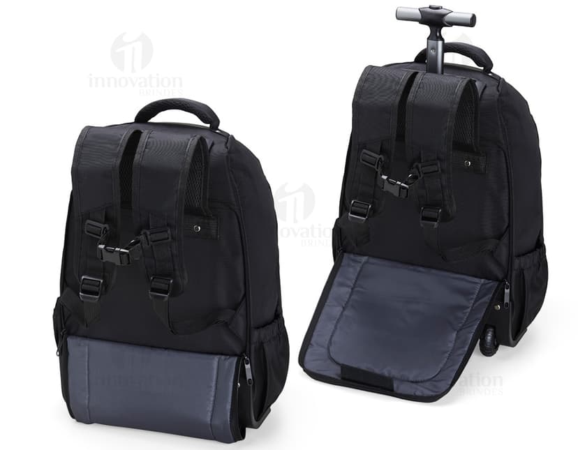 Mochila 27 Litros com Rodinhas preta de couro, equipamento moderno e elegante, com alças, zíper, fivela e rodinhas para fácil transporte. Ideal para viagens, negócios e uso pessoal.