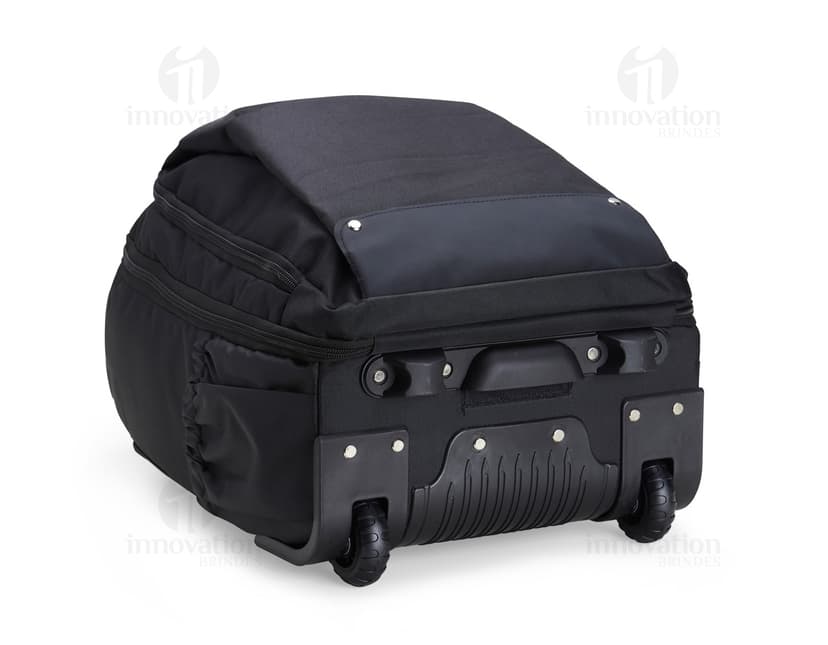Mochila 27 Litros com Rodinhas preta de couro, equipamento moderno e elegante, com alças, zíper, fivela e rodinhas para fácil transporte. Ideal para viagens, negócios e uso pessoal.