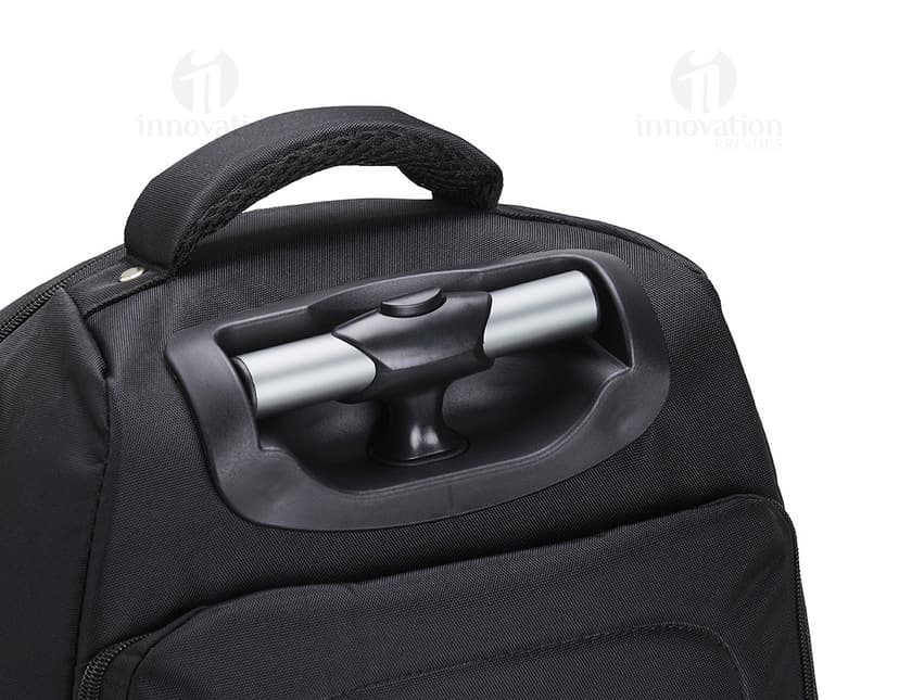 Mochila 27 Litros com Rodinhas preta de couro, equipamento moderno e elegante, com alças, zíper, fivela e rodinhas para fácil transporte. Ideal para viagens, negócios e uso pessoal.