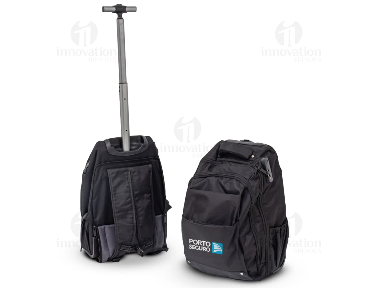 Mochila 27 litros com rodinhas: praticidade e estilo para suas viagens. Modelo moderno e elegante em couro preto, perfeito para quem busca conforto e organização. Ideal para viagens a lazer ou a negócios. Adquira já o seu!