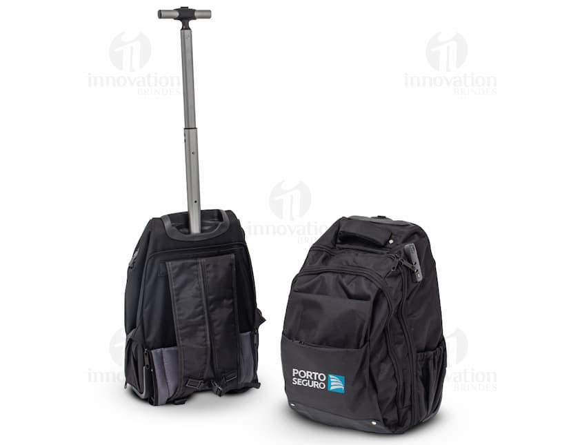 Mochila 27 litros com rodinhas: praticidade e estilo para suas viagens. Modelo moderno e elegante em couro preto, perfeito para quem busca conforto e organização. Ideal para viagens a lazer ou a negócios. Adquira já o seu!