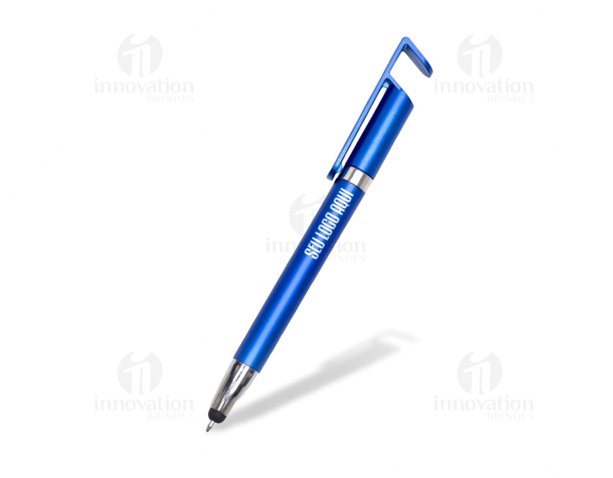 Caneta plástica touch com suporte em um ambiente de escritório com papel, dispositivo eletrônico, calculadora e itens de papelaria.