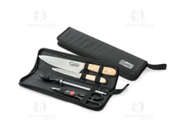 Kit churrasco 4 peças em aço inox e couro - ideal para os amantes de um bom churrasco! Este conjunto vem em um prático