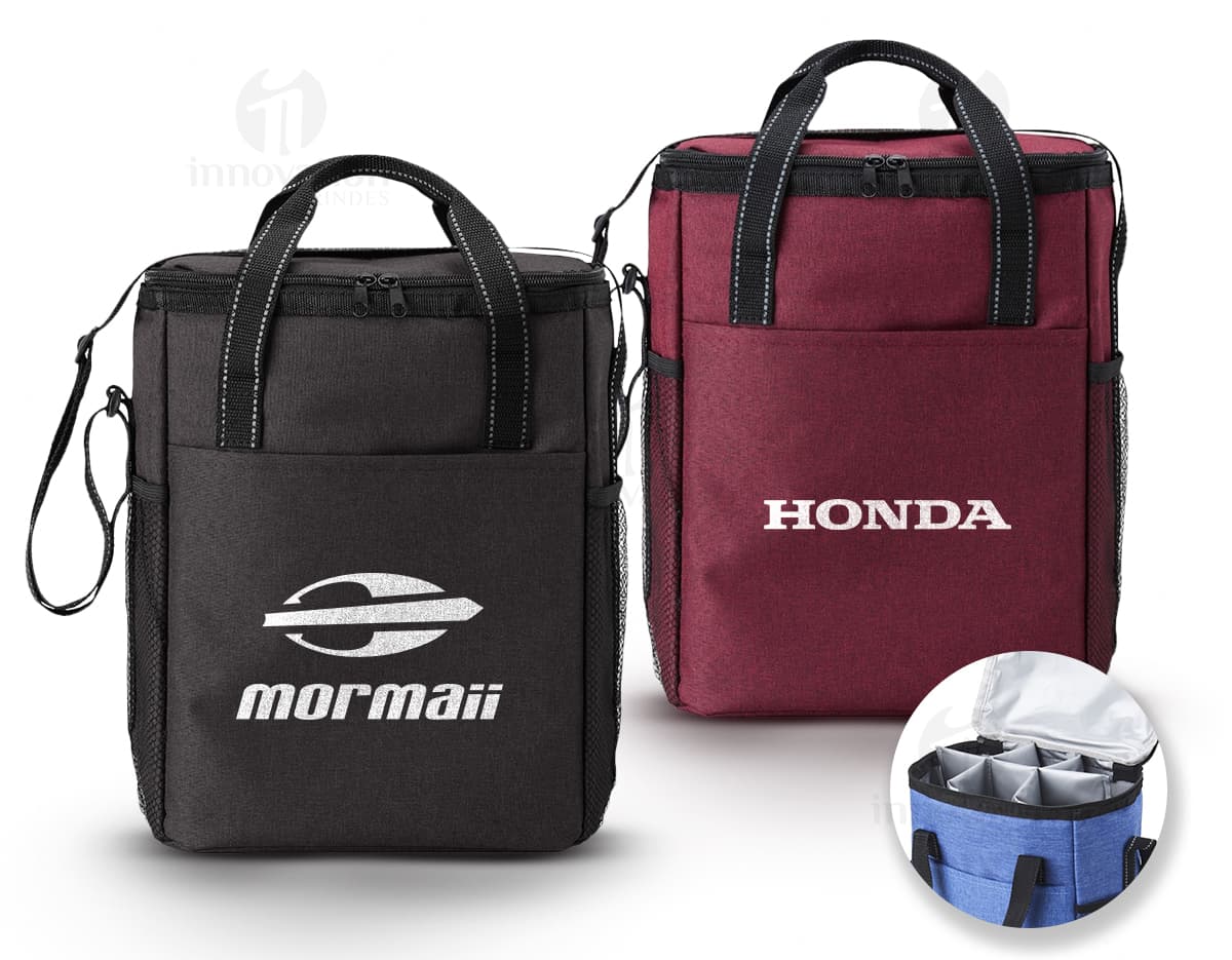 Bolsa térmica preta de couro com alça, ideal para viagens de negócios. Capacidade de 16L, fechamento em metal, moderna e elegante, perfeita para armazenar alimentos e bebidas.