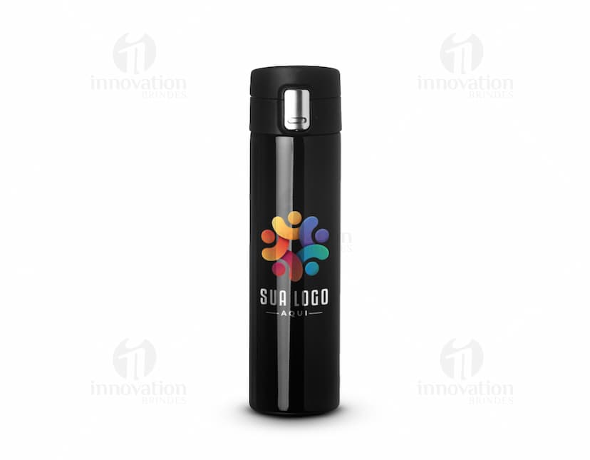 Garrafa térmica inox de 450ml com trava, em metal prateado e design moderno.