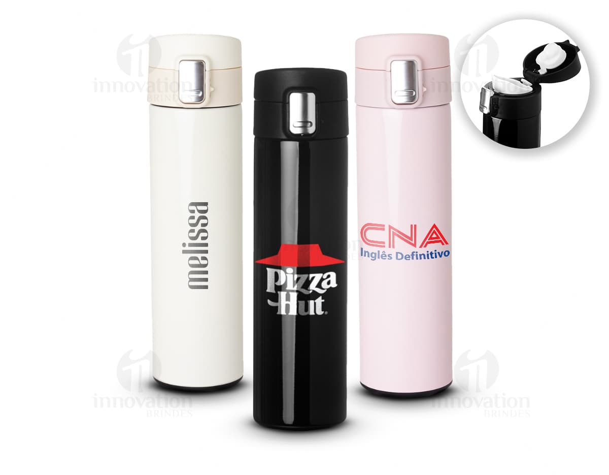 Garrafa térmica inox de 450ml com trava, em metal prateado e design moderno.