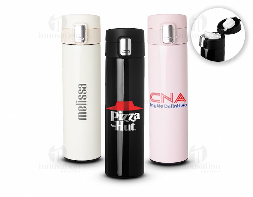 Garrafa térmica inox de 450ml com trava, em metal prateado e design moderno.