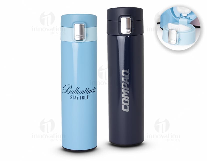 Garrafa térmica inox de 450ml com trava, em metal prateado e design moderno.