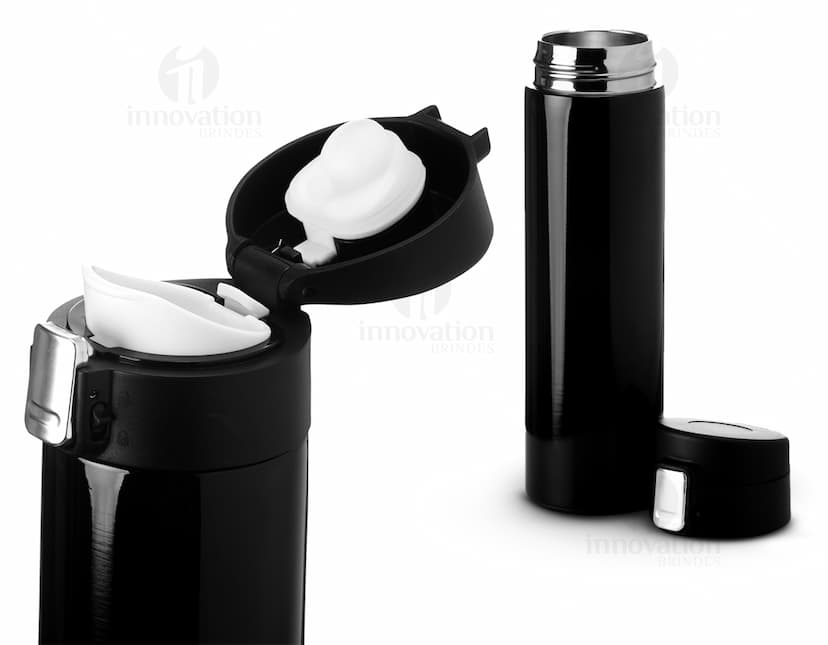 Garrafa térmica inox de 450ml com trava, em metal prateado e design moderno.