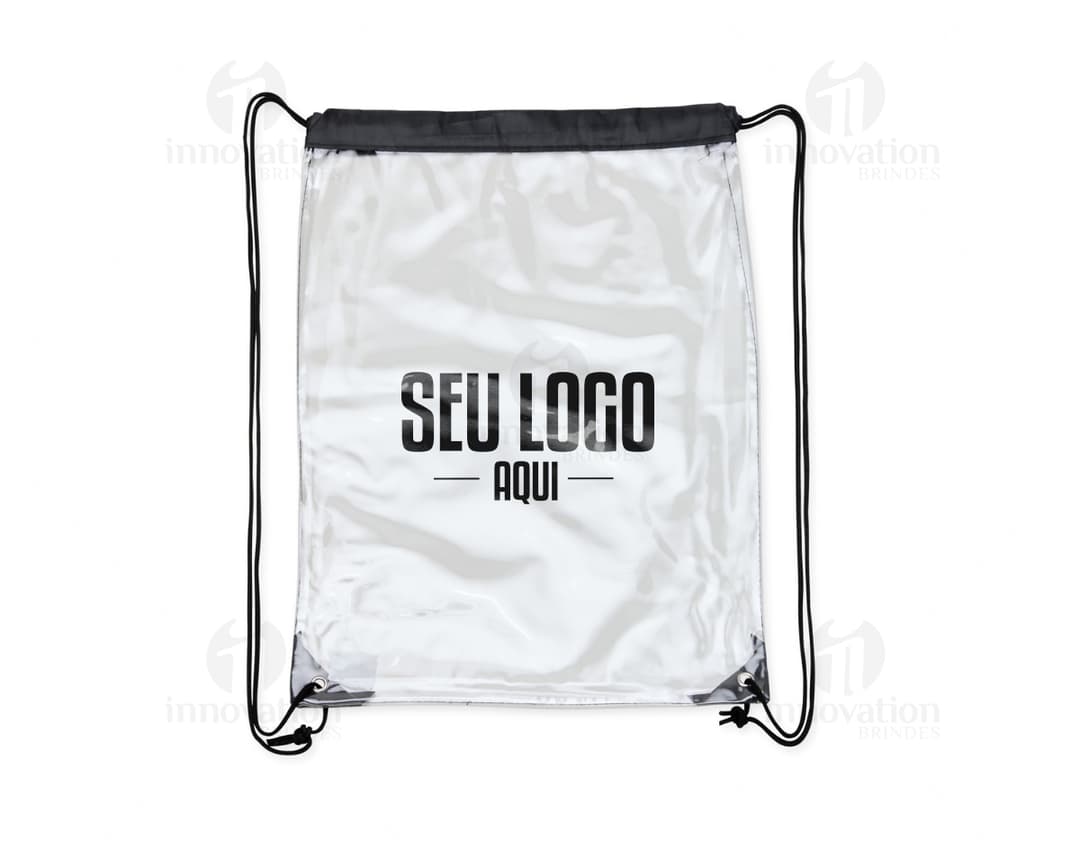 Mochila Saco em PVC preta com design de corações cor de rosa, estilo vintage. Ideal para compras, presente ou decoração. Traz um símbolo de amor e elegância.