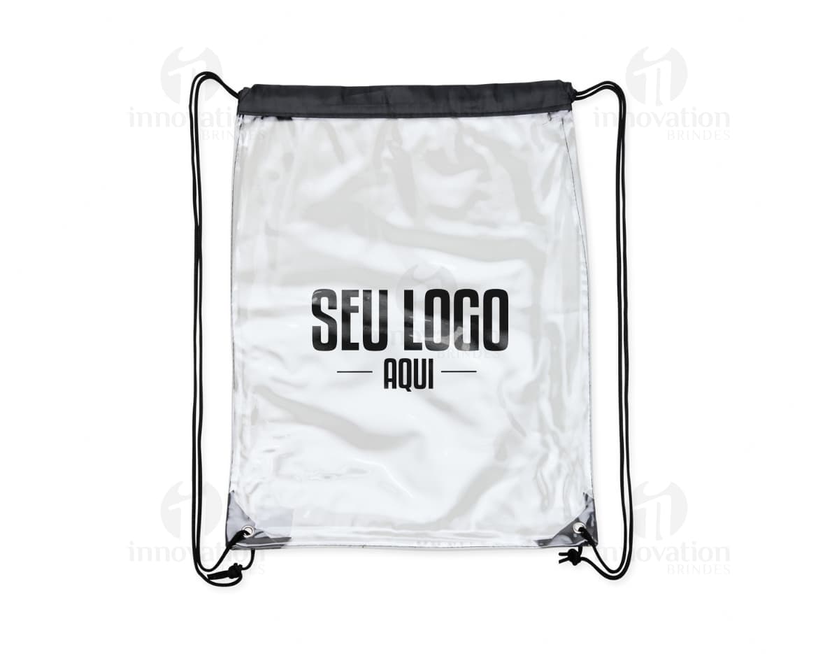 Mochila Saco em PVC preta com design de corações cor de rosa, estilo vintage. Ideal para compras, presente ou decoração. Traz um símbolo de amor e elegância.