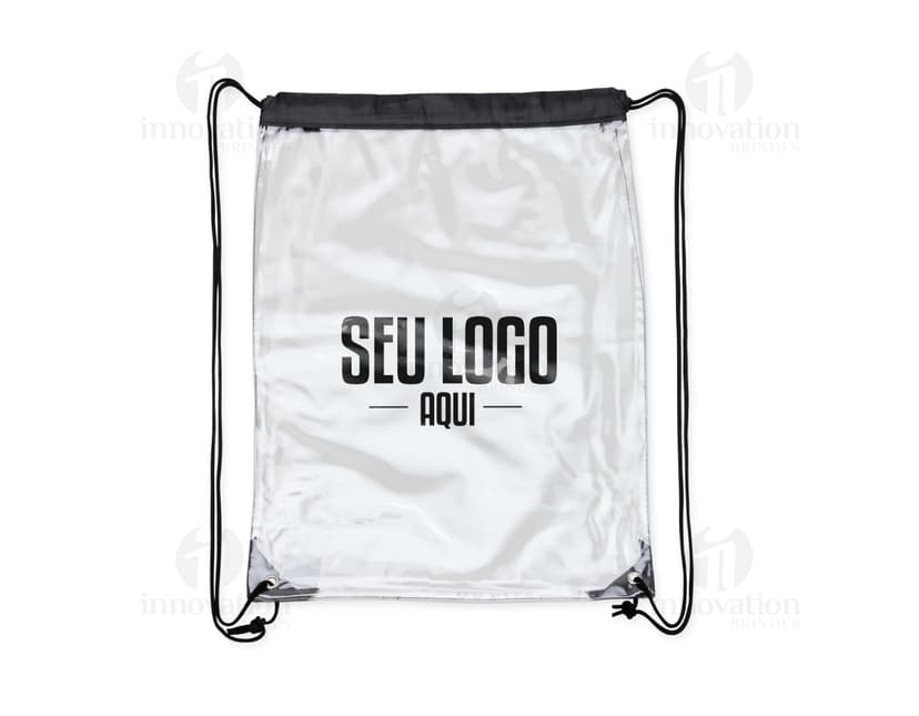 Mochila Saco em PVC preta com design de corações cor de rosa, estilo vintage. Ideal para compras, presente ou decoração. Traz um símbolo de amor e elegância.