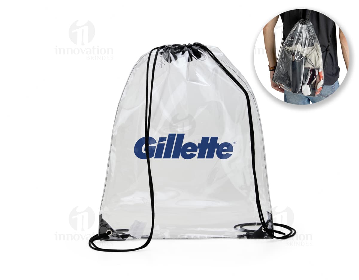 Mochila Saco em PVC preta com design de corações cor de rosa, estilo vintage. Ideal para compras, presente ou decoração. Traz um símbolo de amor e elegância.
