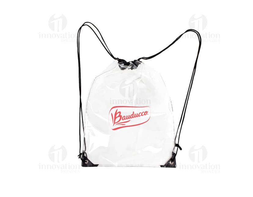 Mochila Saco em PVC preta com design de corações cor de rosa, estilo vintage. Ideal para compras, presente ou decoração. Traz um símbolo de amor e elegância.