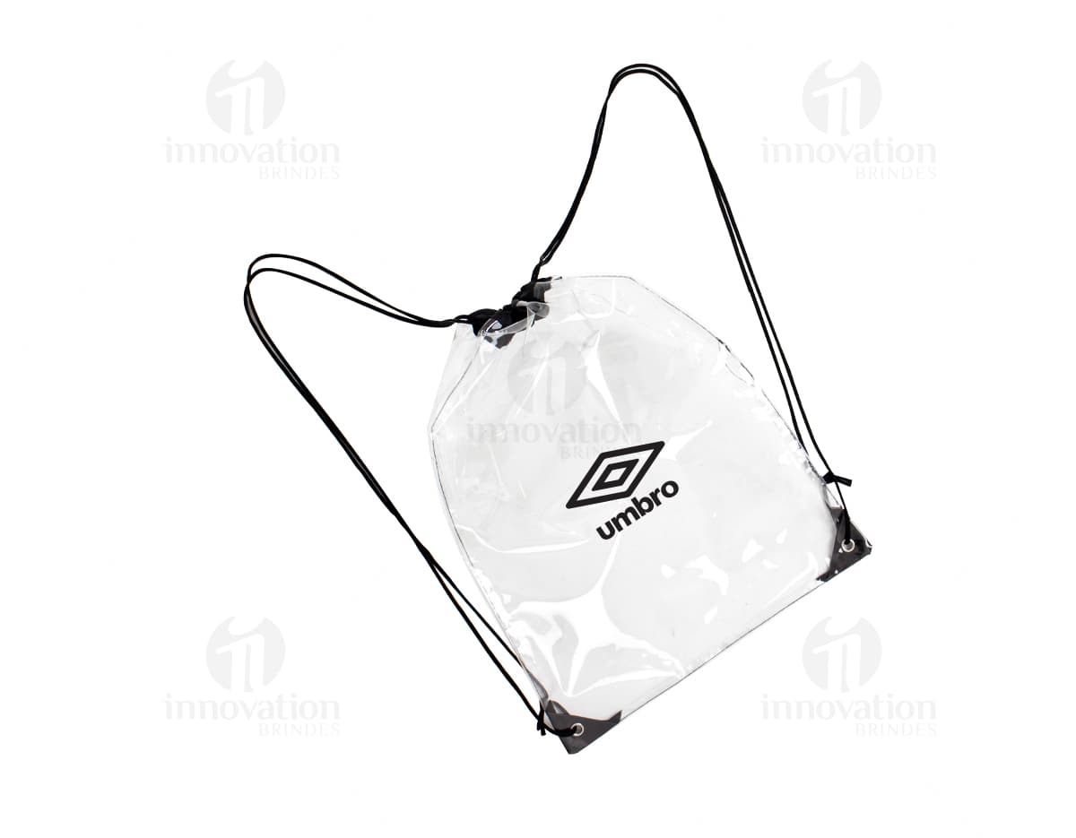 Mochila saco em PVC transparente, ideal para personalização e brindes promocionais. Com design moderno e resistente, é perfeita para transportar seus pertences com segurança. Aproveite nossa promoção de estoque e garanta já a sua!