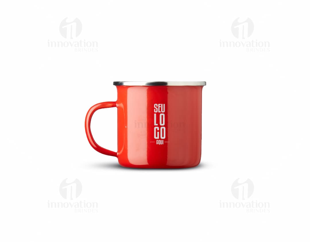 Caneca em inox com capacidade de 370ml, modelo de cor prateada.