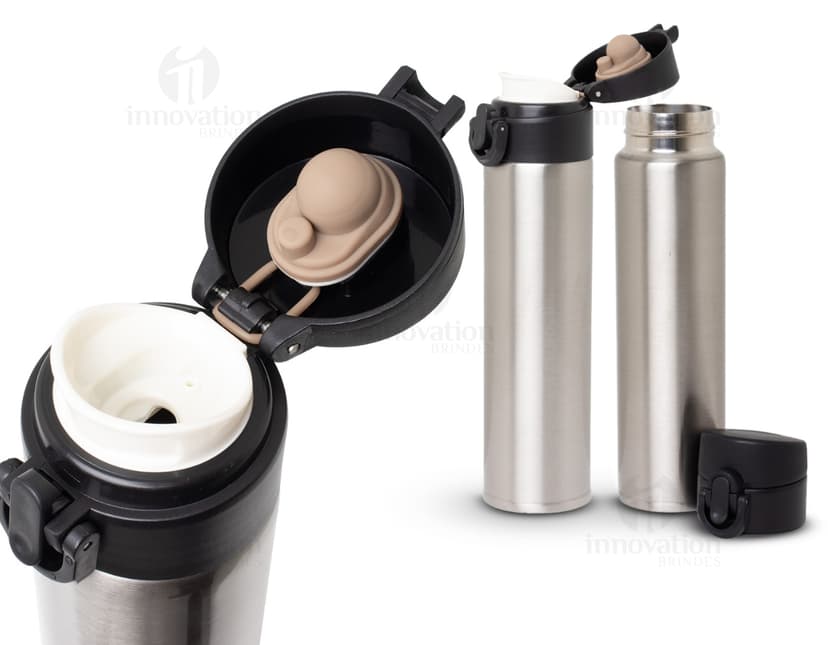 Garrafa térmica de inox de 340ml, equipamento de metal moderno com tampa de rosca e design elegante. A garrafa possui uma superfície prateada brilhante, com reflexos digitais e ícone de energia. Ideal para manter líquidos quentes ou frios por horas.
