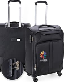 Mala de viagem de 48 litros em couro preto, moderna e elegante, ideal para viagens a negócios. Inclui alça de mão, compartimento para laptop, fecho com suporte de metal e diversas opções de armazenamento.