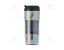 Black plastic container with a shiny metal lid, empty and clean, used for storing liquids.